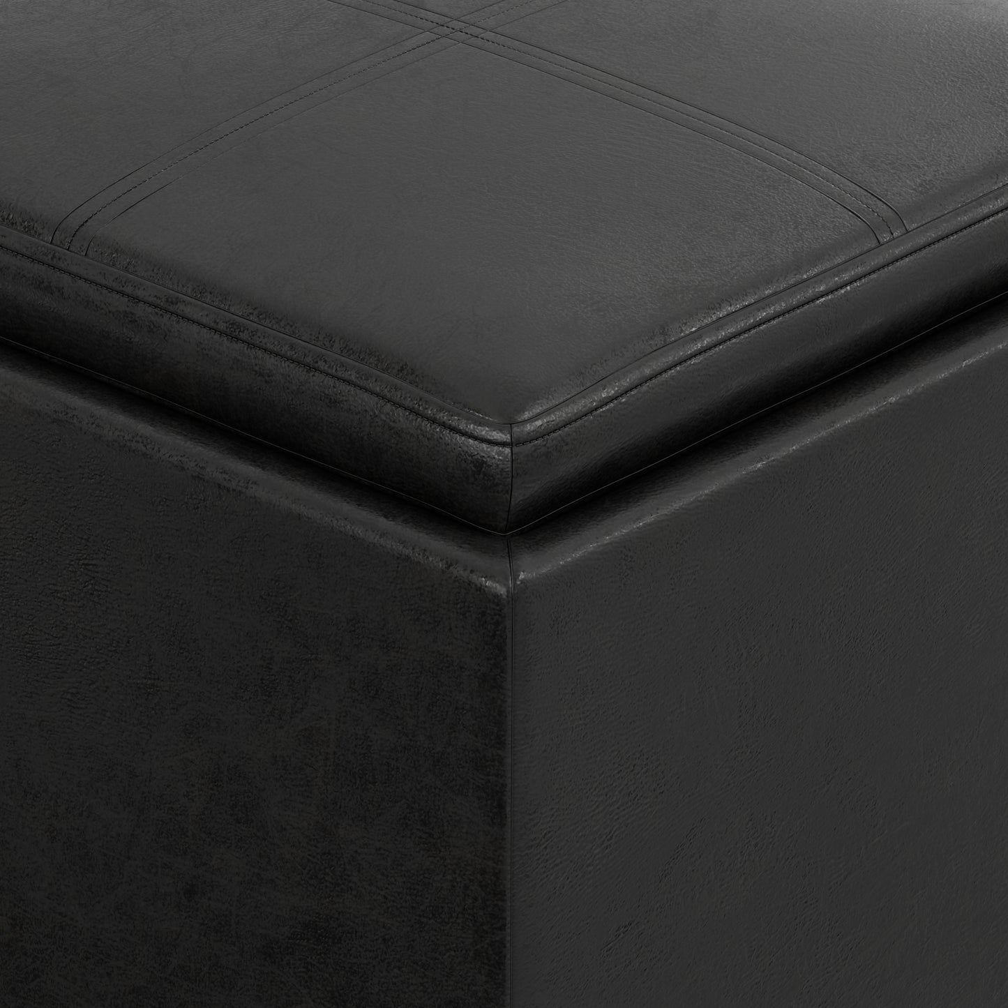 Distressed Black Distressed Vegan Leather | Rockwood Vegan Leather Cube Storage Ottoman with Tray