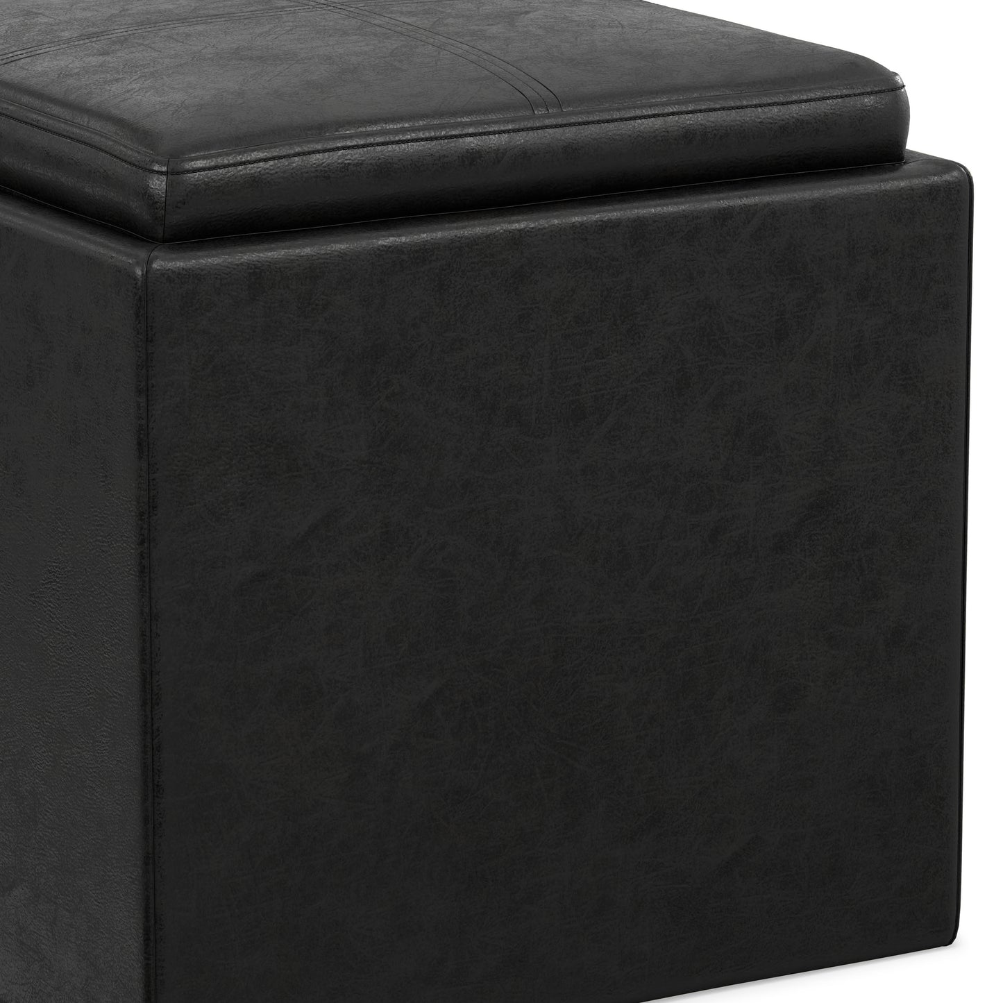 Distressed Black Distressed Vegan Leather | Rockwood Vegan Leather Cube Storage Ottoman with Tray