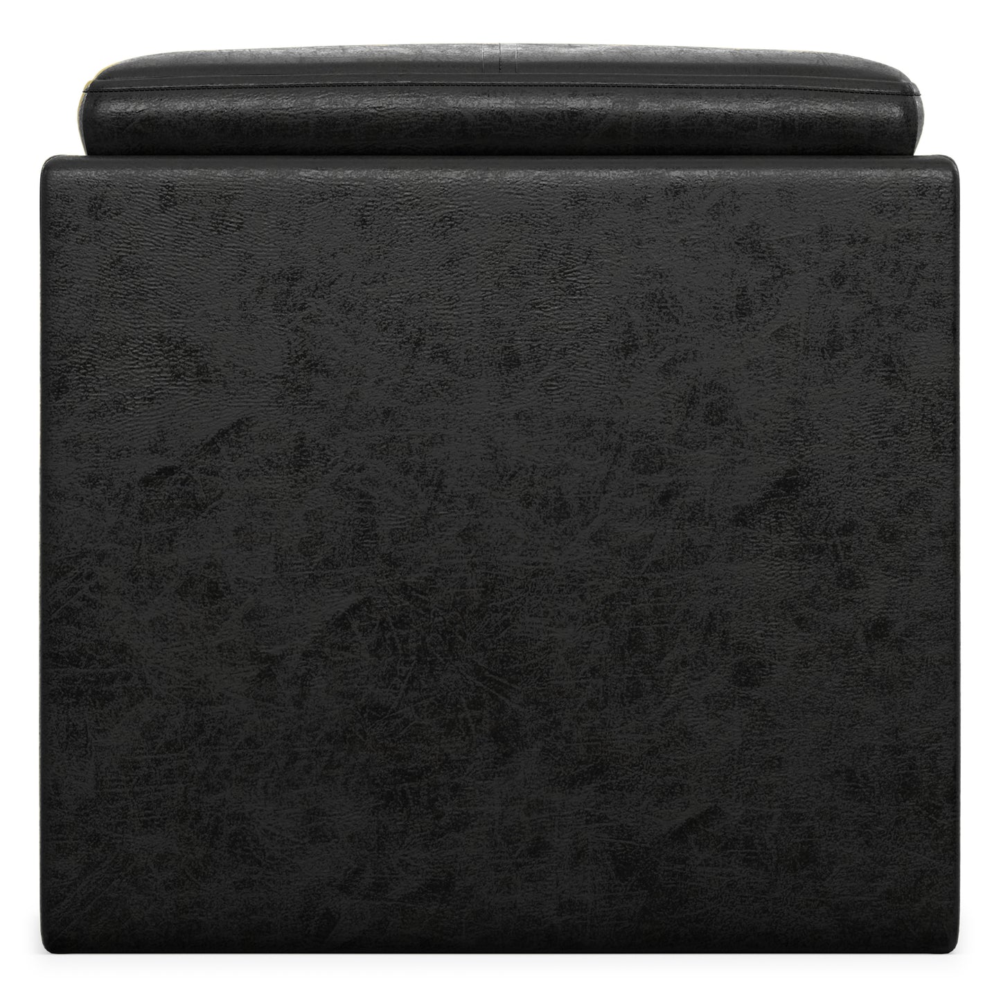Distressed Black Distressed Vegan Leather | Rockwood Vegan Leather Cube Storage Ottoman with Tray