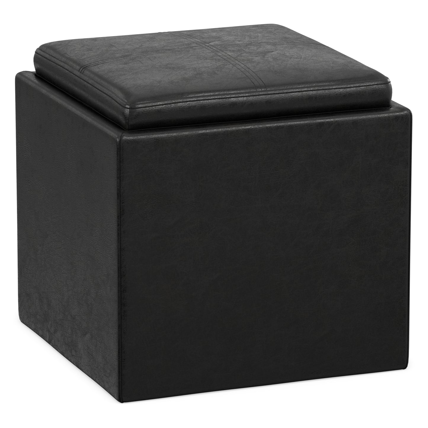 Distressed Black Distressed Vegan Leather | Rockwood Vegan Leather Cube Storage Ottoman with Tray