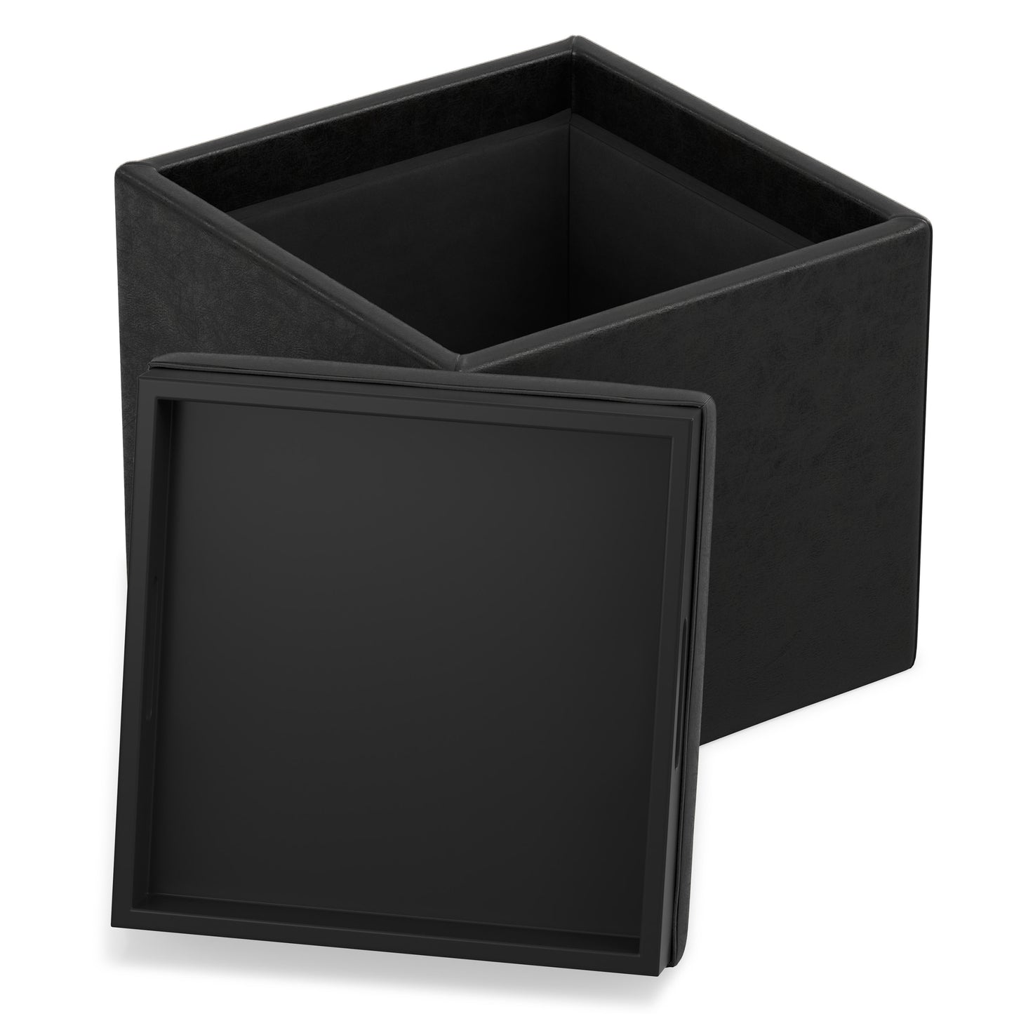 Distressed Black Distressed Vegan Leather | Rockwood Vegan Leather Cube Storage Ottoman with Tray