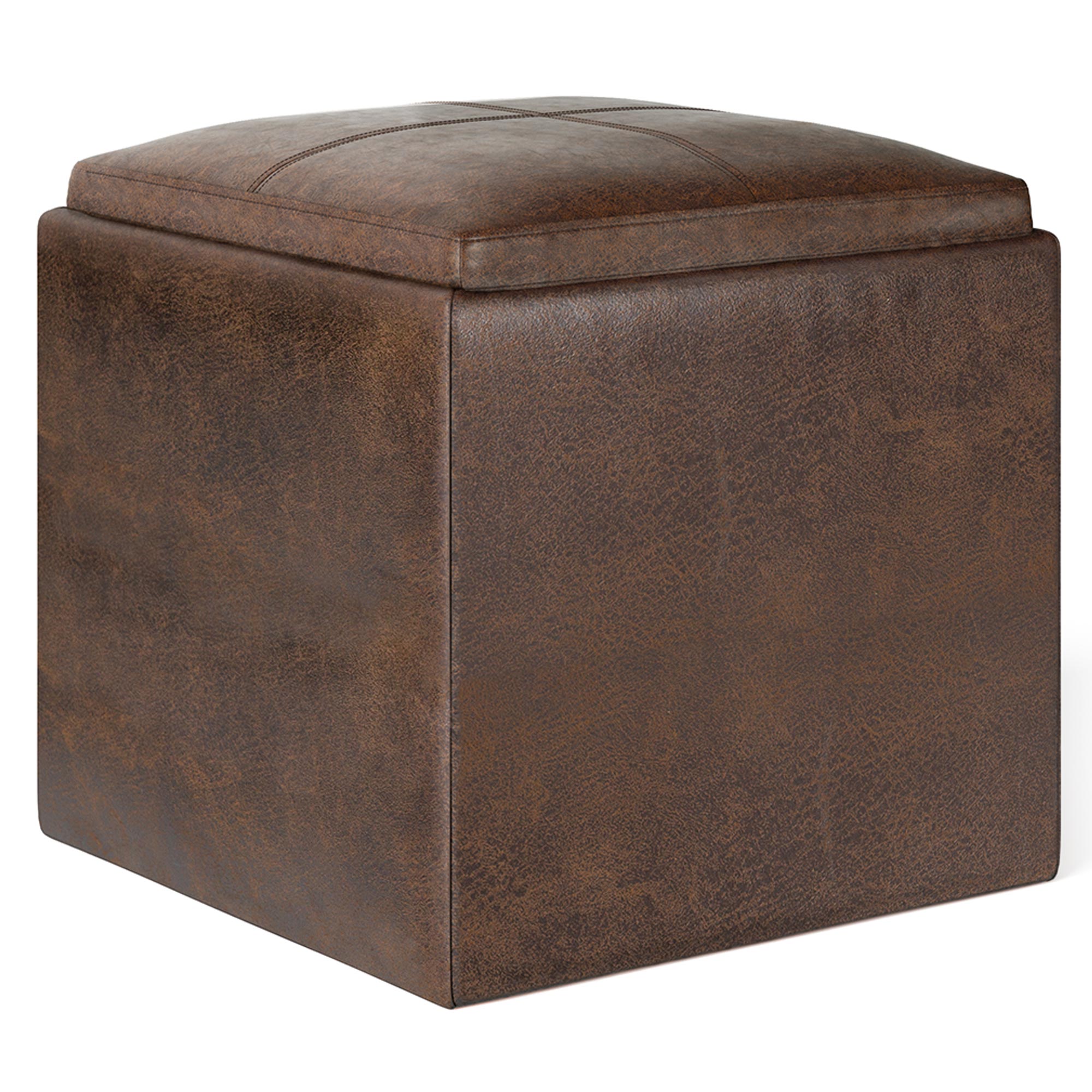 Distressed Chestnut Brown Distressed Vegan Leather | Rockwood Vegan Leather Cube Storage Ottoman with Tray