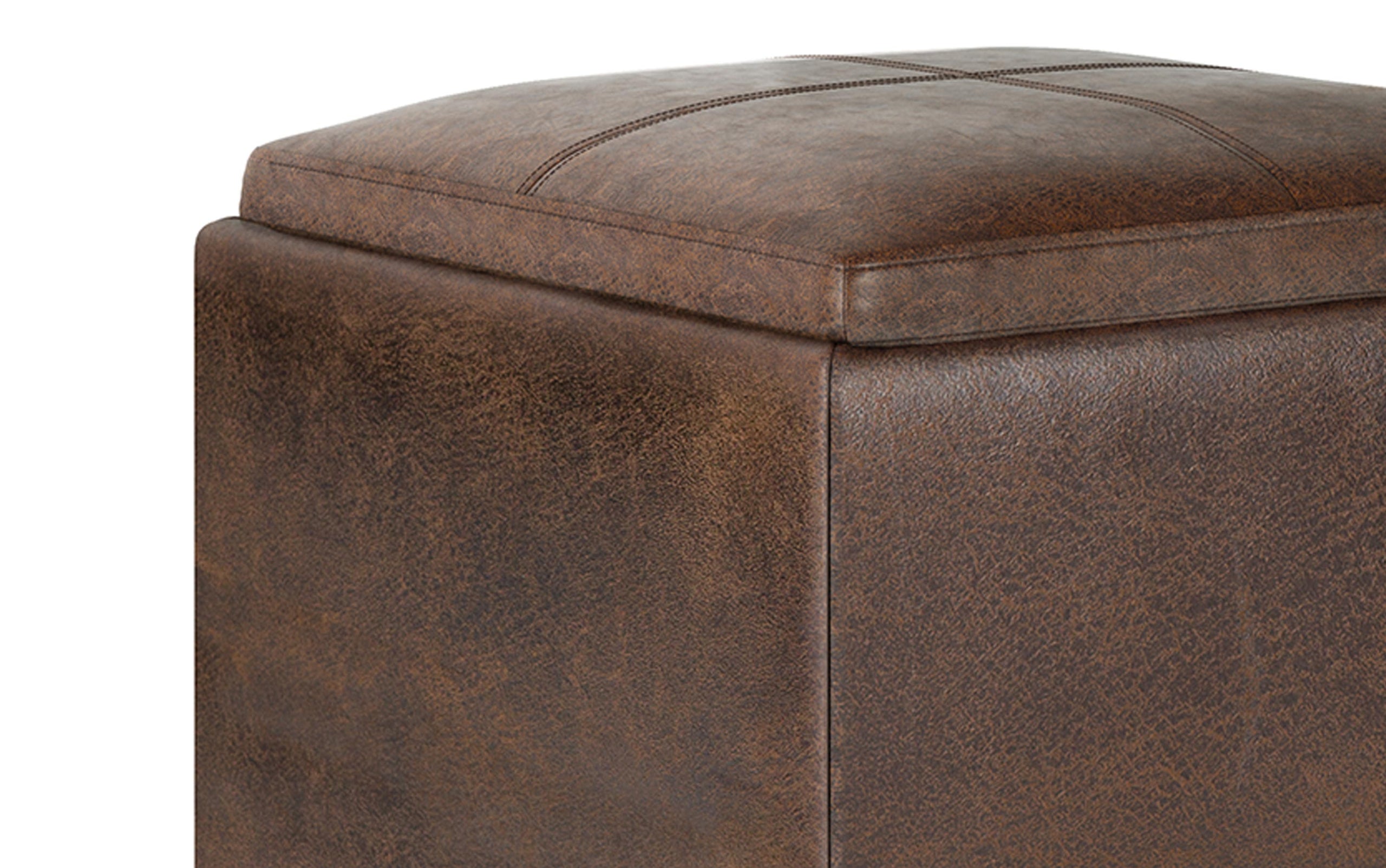 Distressed Chestnut Brown Distressed Vegan Leather | Rockwood Vegan Leather Cube Storage Ottoman with Tray