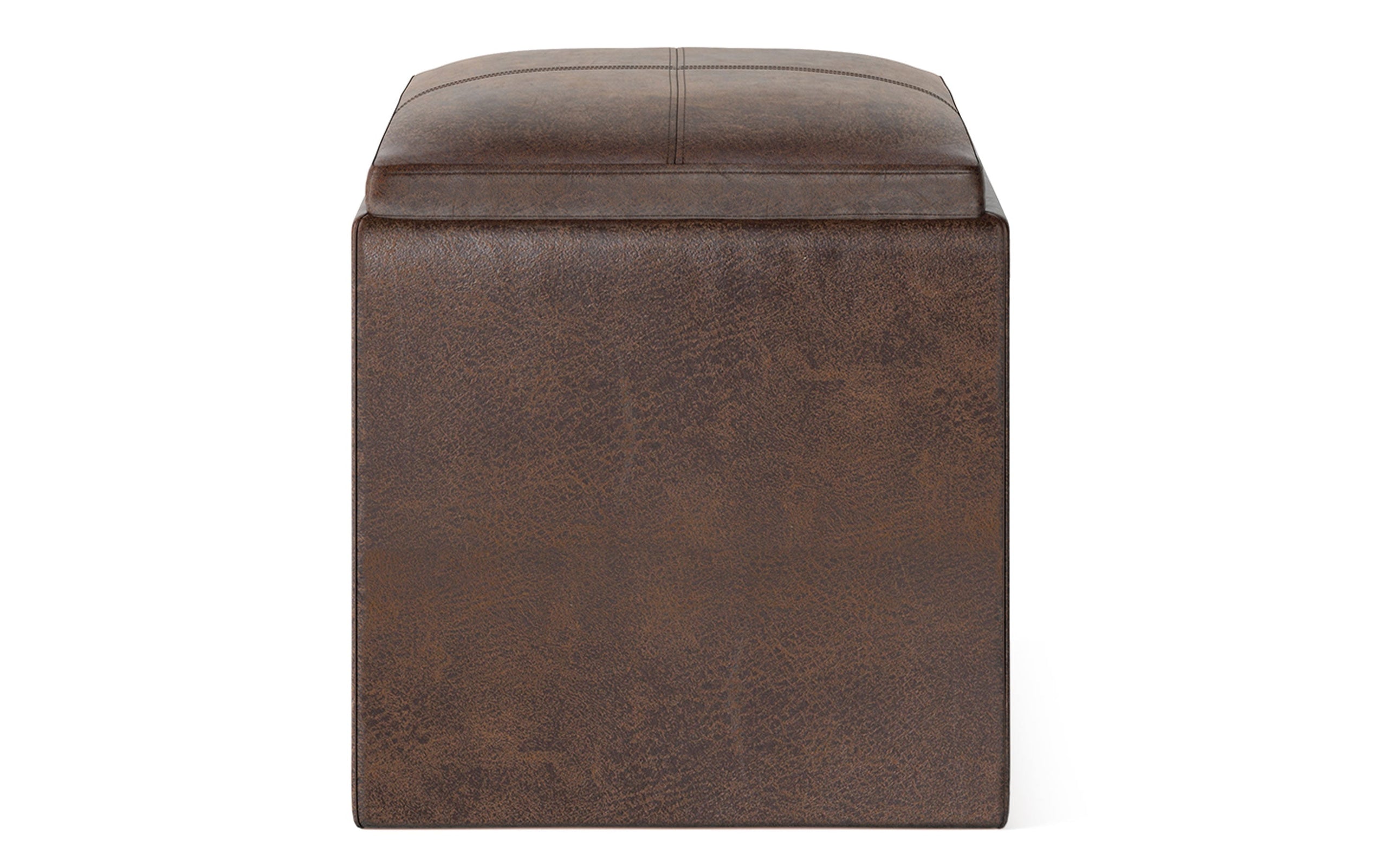 Distressed Chestnut Brown Distressed Vegan Leather | Rockwood Vegan Leather Cube Storage Ottoman with Tray