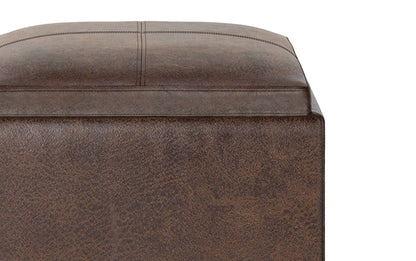 Distressed Chestnut Brown Distressed Vegan Leather | Rockwood Vegan Leather Cube Storage Ottoman with Tray