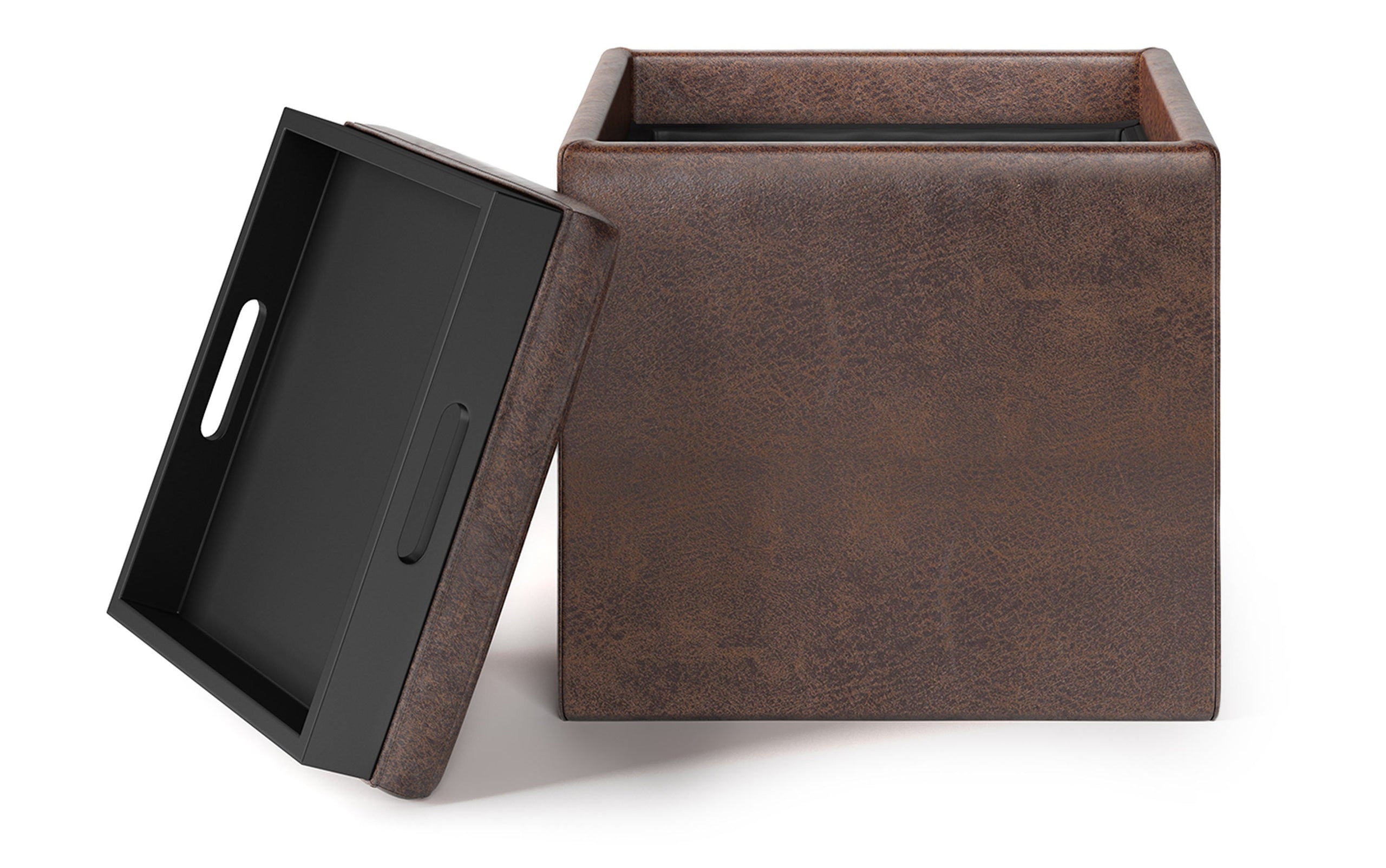 Distressed Chestnut Brown Distressed Vegan Leather | Rockwood Vegan Leather Cube Storage Ottoman with Tray
