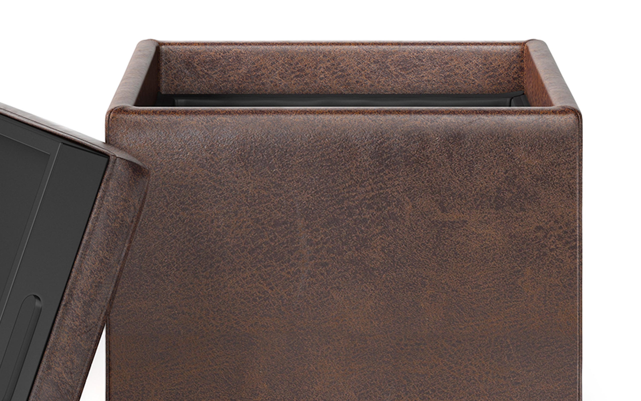 Distressed Chestnut Brown Distressed Vegan Leather | Rockwood Vegan Leather Cube Storage Ottoman with Tray