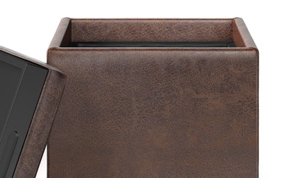 Distressed Chestnut Brown Distressed Vegan Leather | Rockwood Vegan Leather Cube Storage Ottoman with Tray