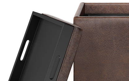 Distressed Chestnut Brown Distressed Vegan Leather | Rockwood Vegan Leather Cube Storage Ottoman with Tray