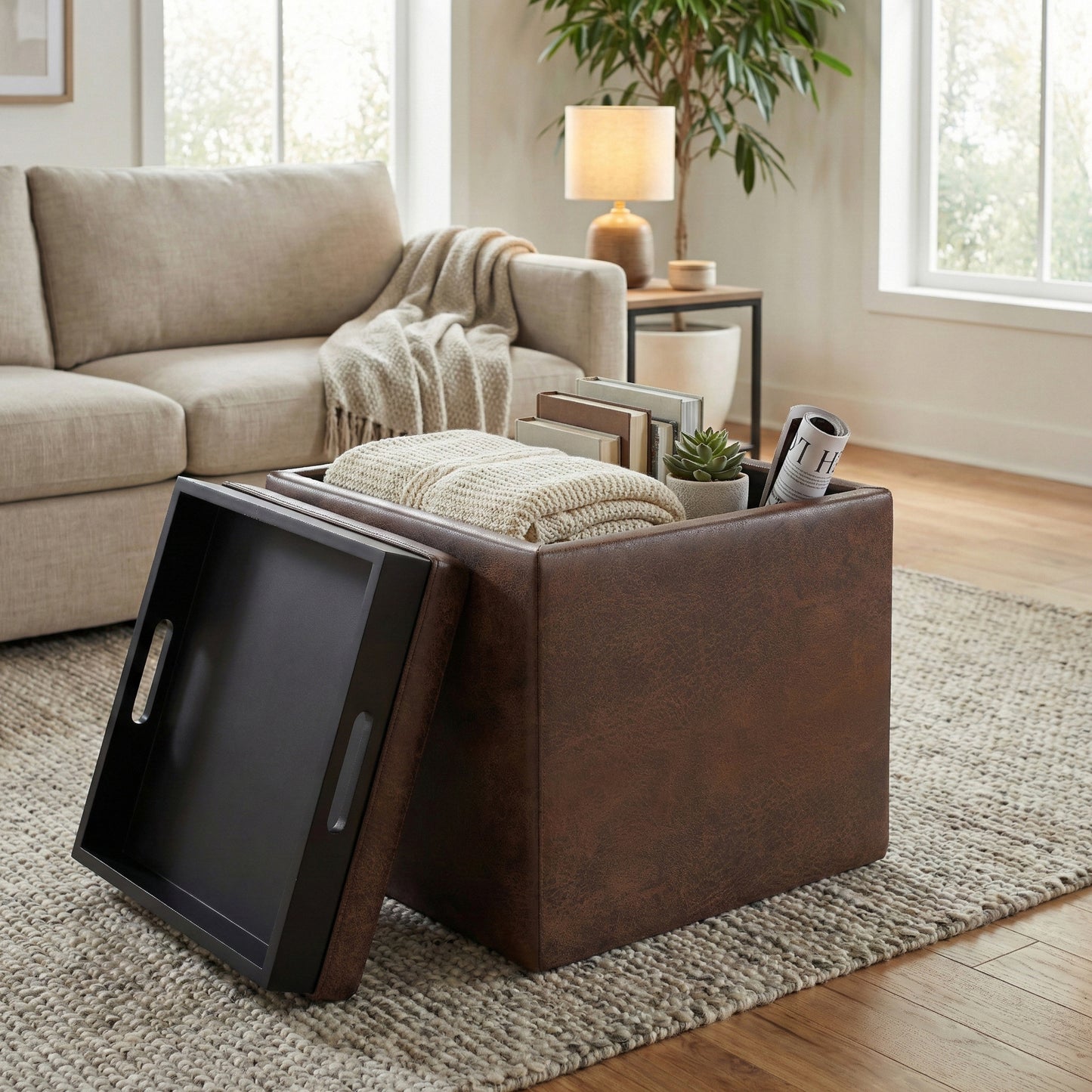 Distressed Chestnut Brown Distressed Vegan Leather | Rockwood Vegan Leather Cube Storage Ottoman with Tray