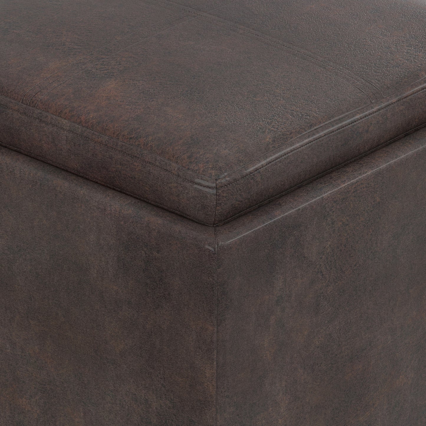 Distressed Chestnut Brown Distressed Vegan Leather | Rockwood Vegan Leather Cube Storage Ottoman with Tray