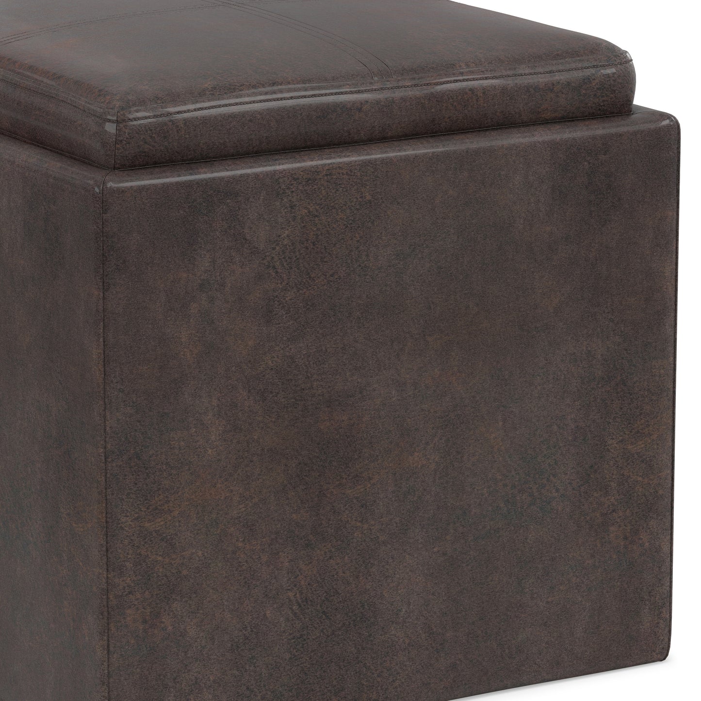 Distressed Chestnut Brown Distressed Vegan Leather | Rockwood Vegan Leather Cube Storage Ottoman with Tray