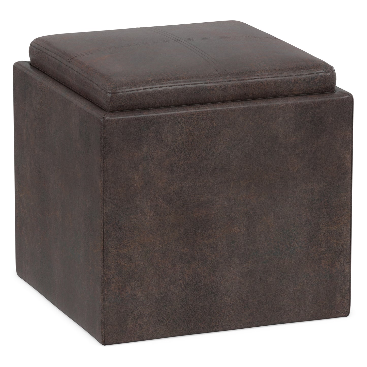 Distressed Chestnut Brown Distressed Vegan Leather | Rockwood Vegan Leather Cube Storage Ottoman with Tray