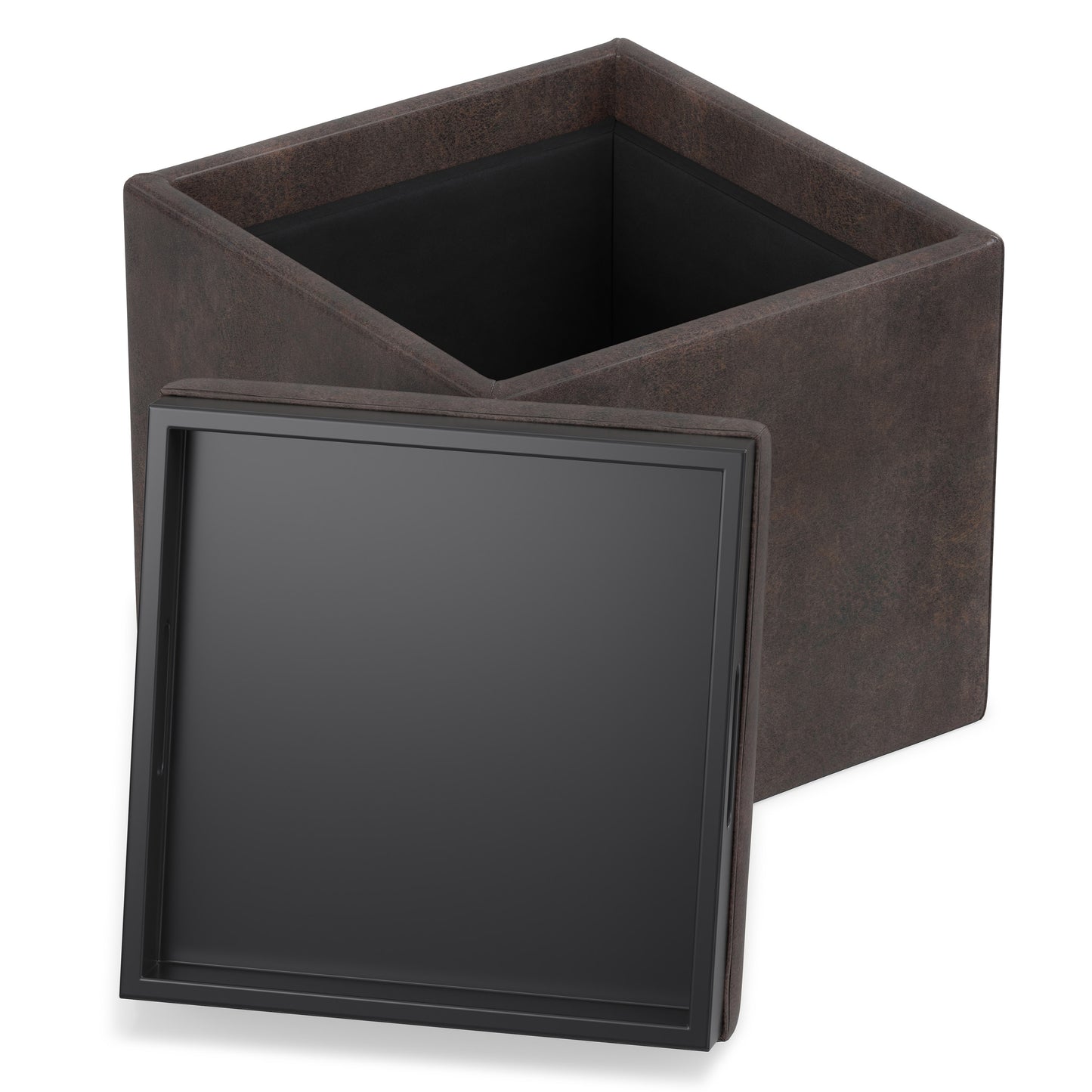 Distressed Chestnut Brown Distressed Vegan Leather | Rockwood Vegan Leather Cube Storage Ottoman with Tray