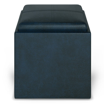 Distressed Dark Blue Distressed Vegan Leather | Rockwood Vegan Leather Cube Storage Ottoman with Tray
