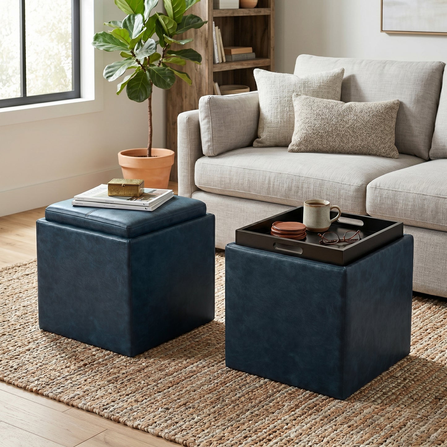 Distressed Dark Blue Distressed Vegan Leather | Rockwood Vegan Leather Cube Storage Ottoman with Tray