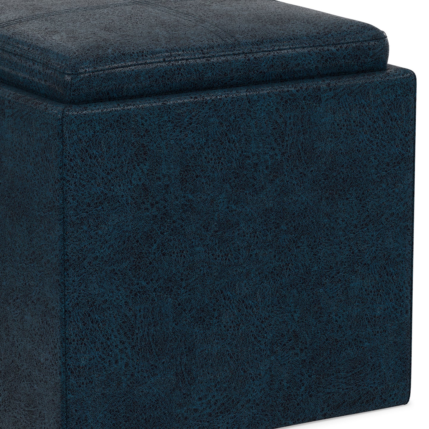 Distressed Dark Blue Distressed Vegan Leather | Rockwood Vegan Leather Cube Storage Ottoman with Tray