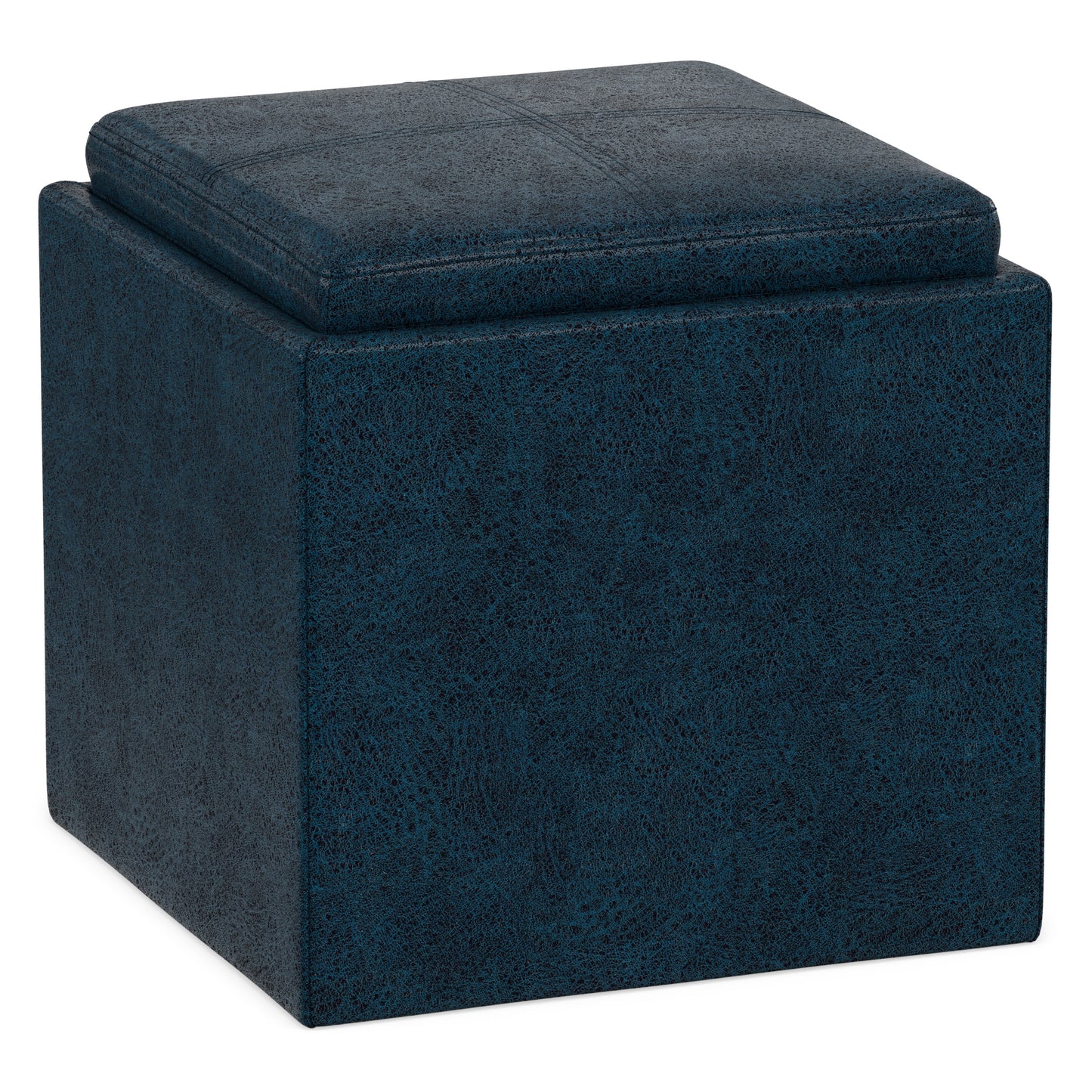 Distressed Dark Blue Distressed Vegan Leather | Rockwood Vegan Leather Cube Storage Ottoman with Tray