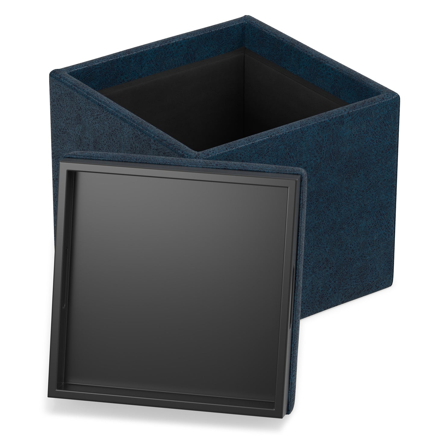 Distressed Dark Blue Distressed Vegan Leather | Rockwood Vegan Leather Cube Storage Ottoman with Tray