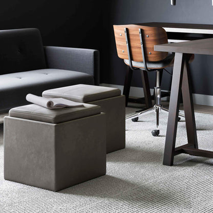 Distressed Slate Grey Distressed Vegan Leather | Rockwood Vegan Leather Cube Storage Ottoman with Tray