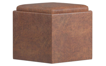 Distressed Saddle Brown Distressed Vegan Leather | Rockwood Vegan Leather Cube Storage Ottoman with Tray