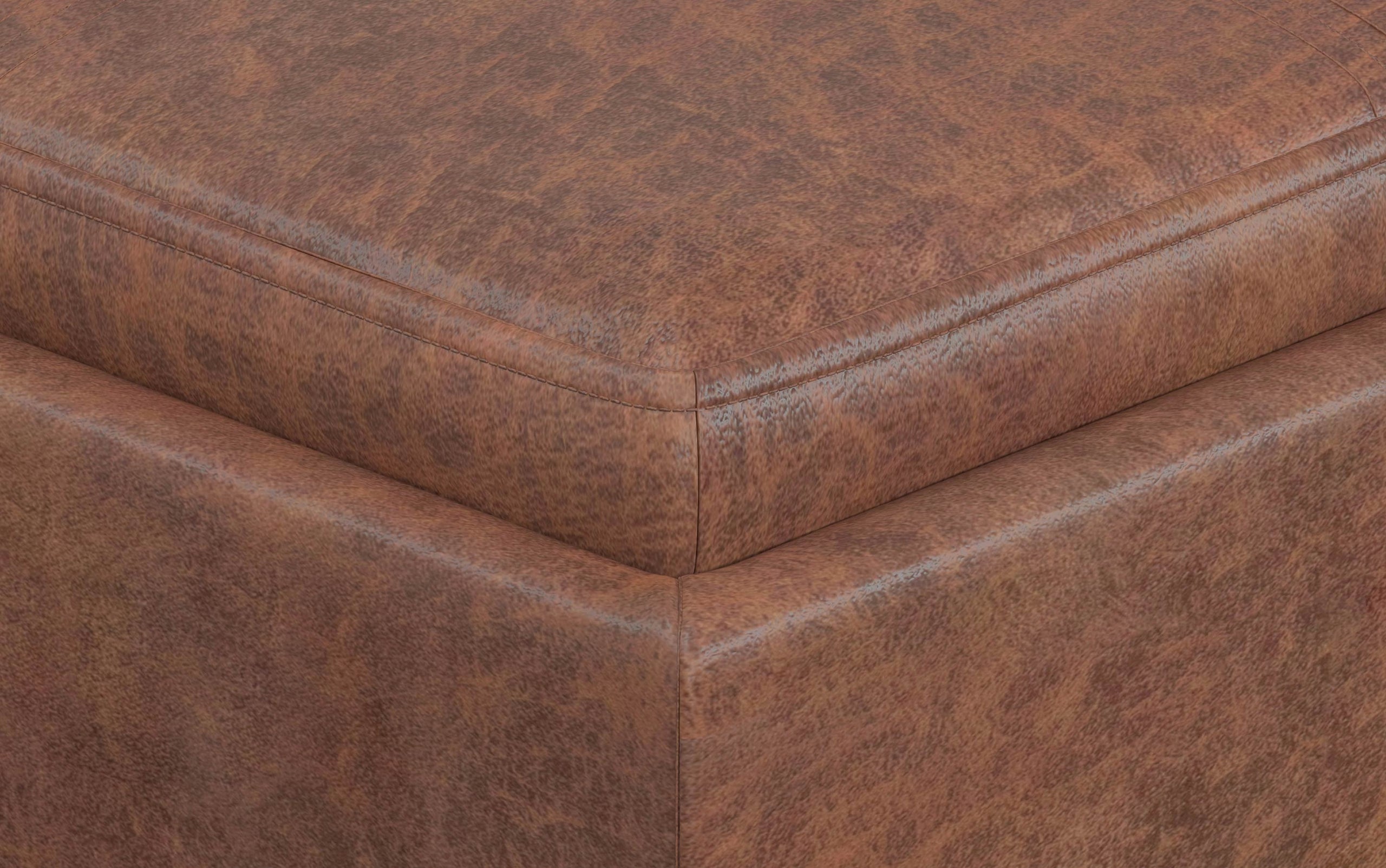 Distressed Saddle Brown Distressed Vegan Leather | Rockwood Vegan Leather Cube Storage Ottoman with Tray