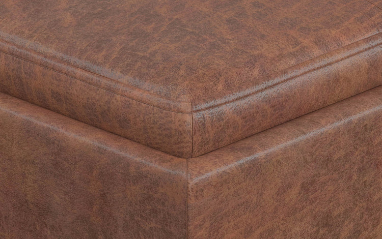 Distressed Saddle Brown Distressed Vegan Leather | Rockwood Vegan Leather Cube Storage Ottoman with Tray