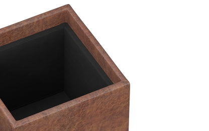 Distressed Saddle Brown Distressed Vegan Leather | Rockwood Vegan Leather Cube Storage Ottoman with Tray