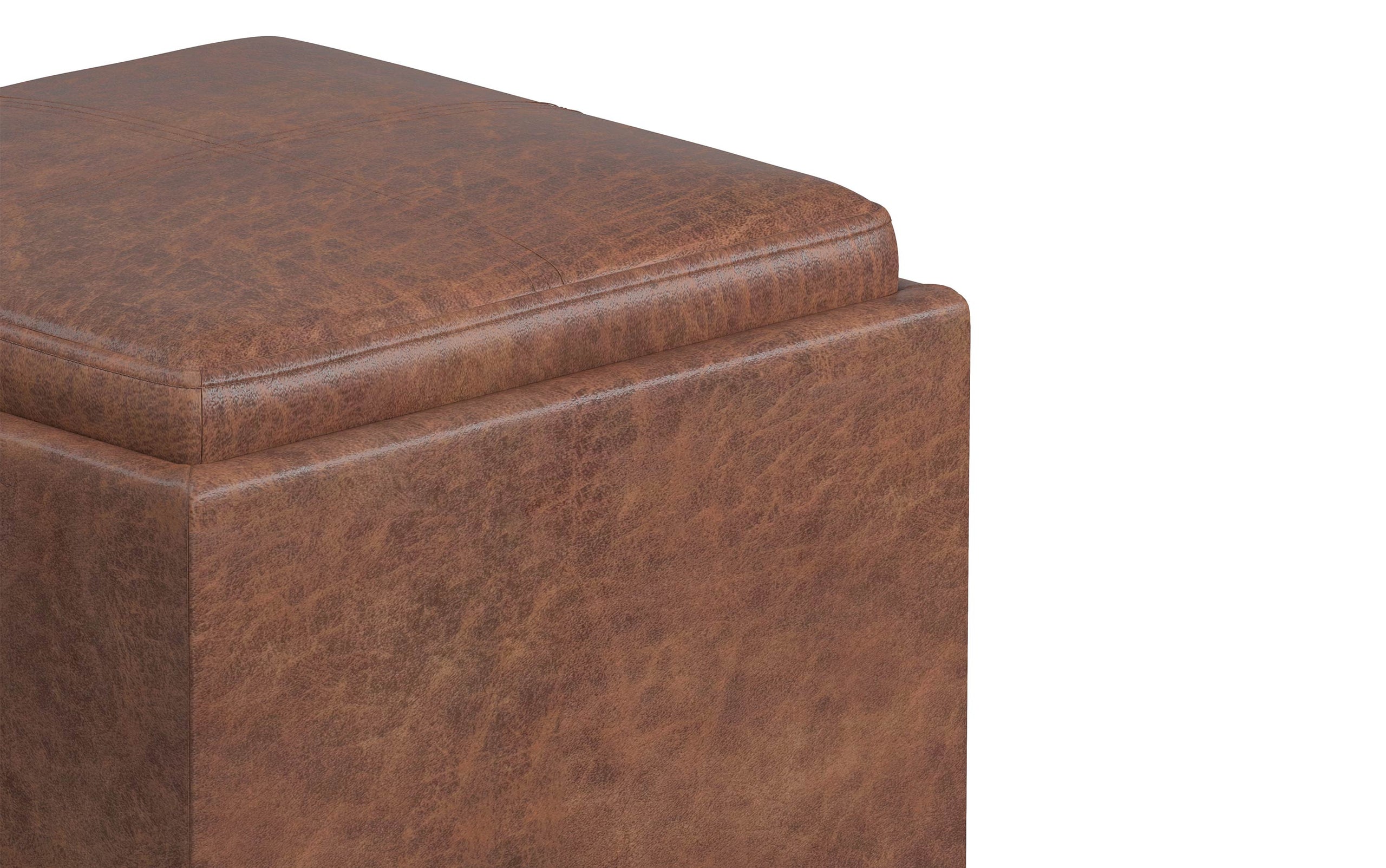 Distressed Saddle Brown Distressed Vegan Leather | Rockwood Vegan Leather Cube Storage Ottoman with Tray