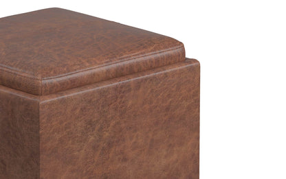 Distressed Saddle Brown Distressed Vegan Leather | Rockwood Vegan Leather Cube Storage Ottoman with Tray