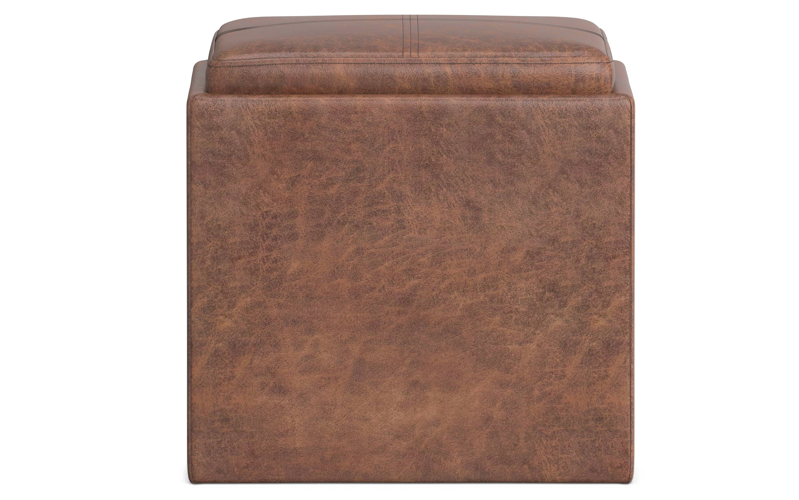 Distressed Saddle Brown Distressed Vegan Leather | Rockwood Vegan Leather Cube Storage Ottoman with Tray