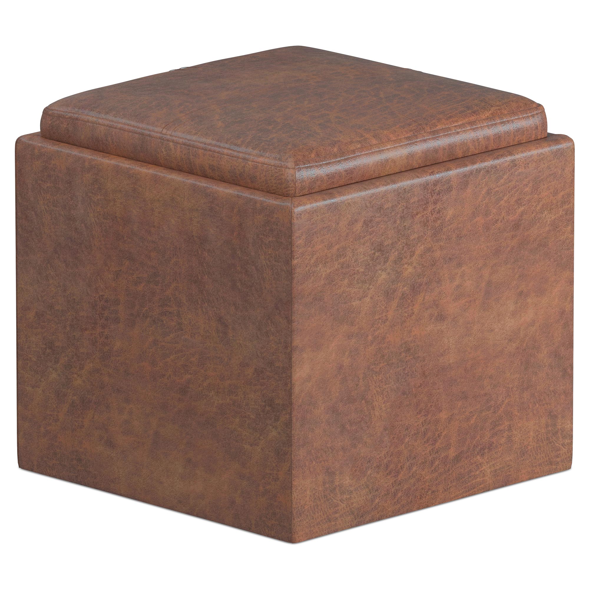 Distressed Saddle Brown Distressed Vegan Leather | Rockwood Vegan Leather Cube Storage Ottoman with Tray
