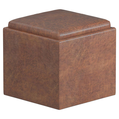 Distressed Saddle Brown Distressed Vegan Leather | Rockwood Vegan Leather Cube Storage Ottoman with Tray