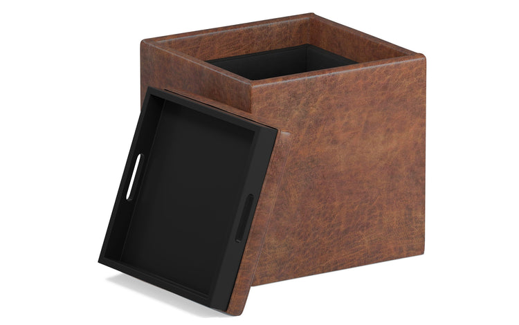Distressed Saddle Brown Distressed Vegan Leather | Rockwood Vegan Leather Cube Storage Ottoman with Tray