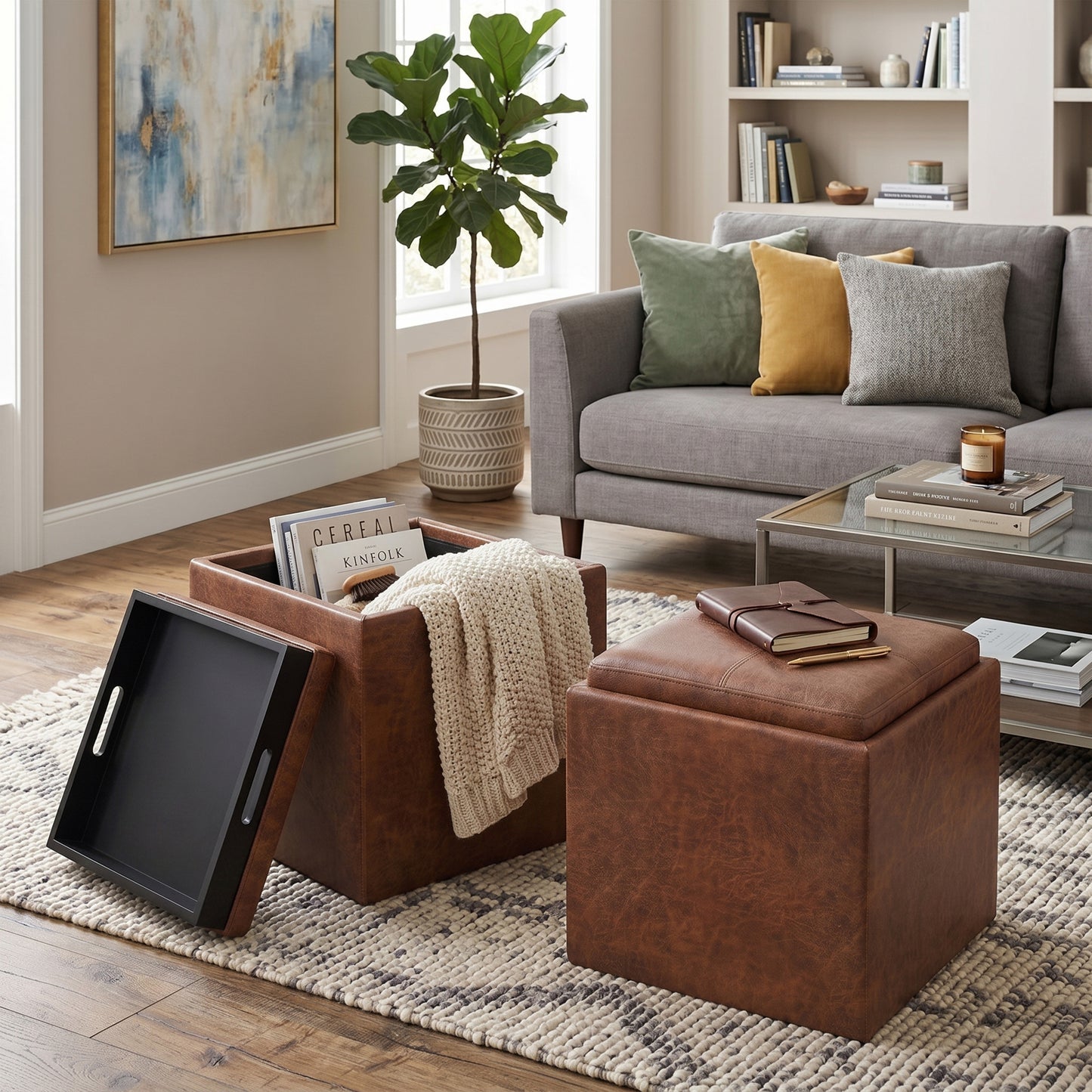 Distressed Saddle Brown Distressed Vegan Leather | Rockwood Vegan Leather Cube Storage Ottoman with Tray