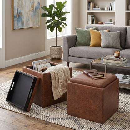 Distressed Saddle Brown Distressed Vegan Leather | Rockwood Vegan Leather Cube Storage Ottoman with Tray