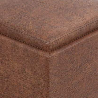 Distressed Saddle Brown Distressed Vegan Leather | Rockwood Vegan Leather Cube Storage Ottoman with Tray
