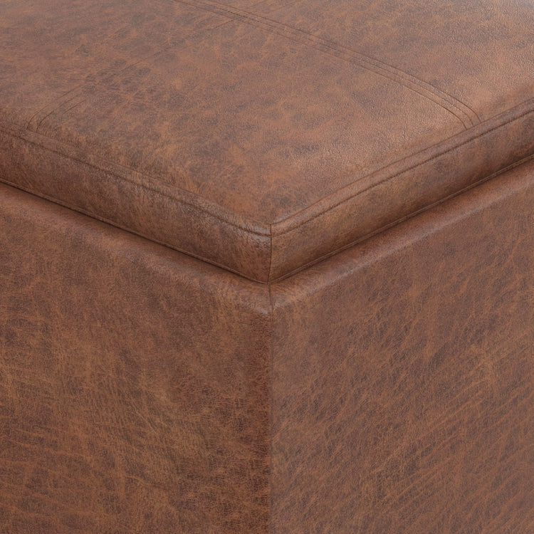 Distressed Saddle Brown Distressed Vegan Leather | Rockwood Vegan Leather Cube Storage Ottoman with Tray