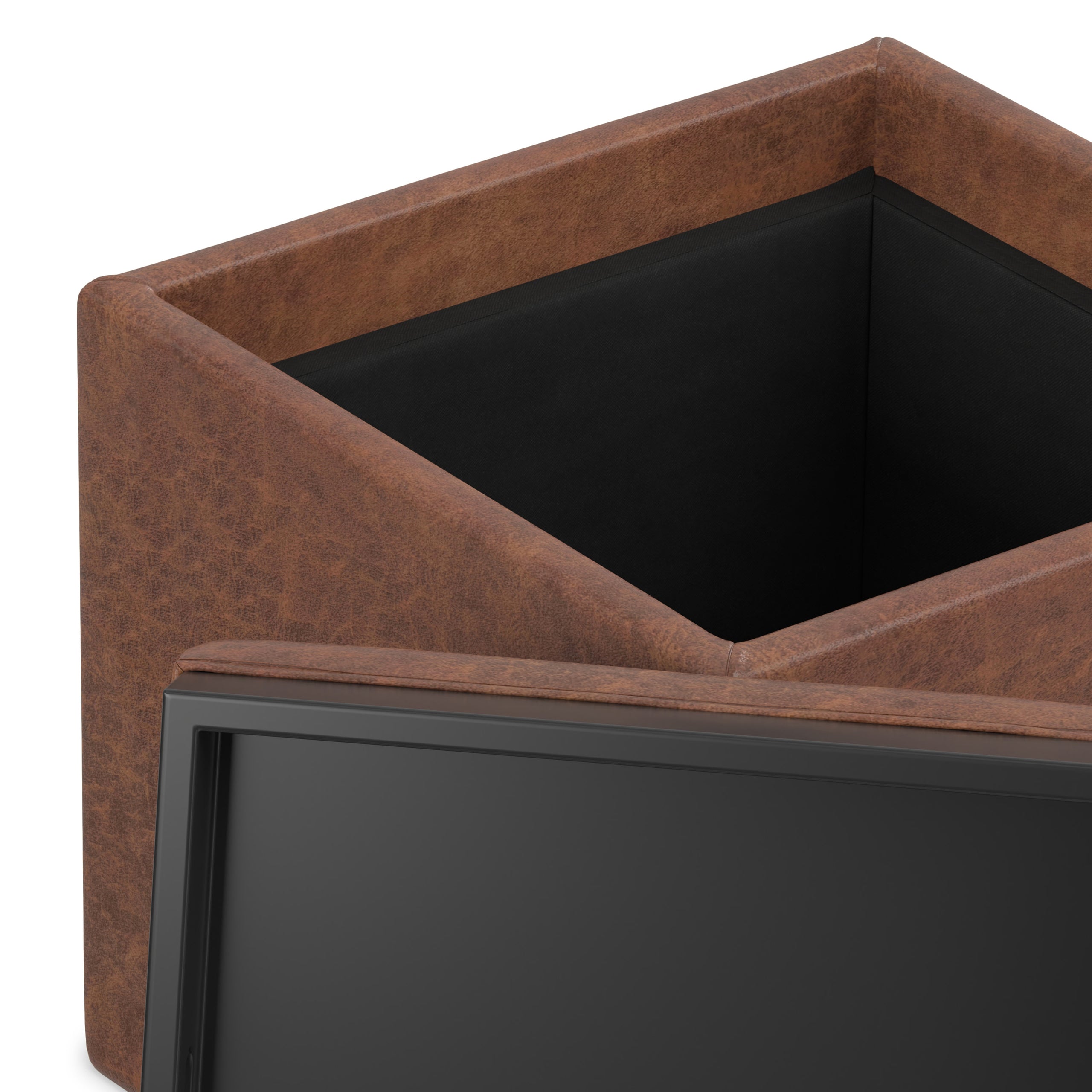 Distressed Saddle Brown Distressed Vegan Leather | Rockwood Vegan Leather Cube Storage Ottoman with Tray