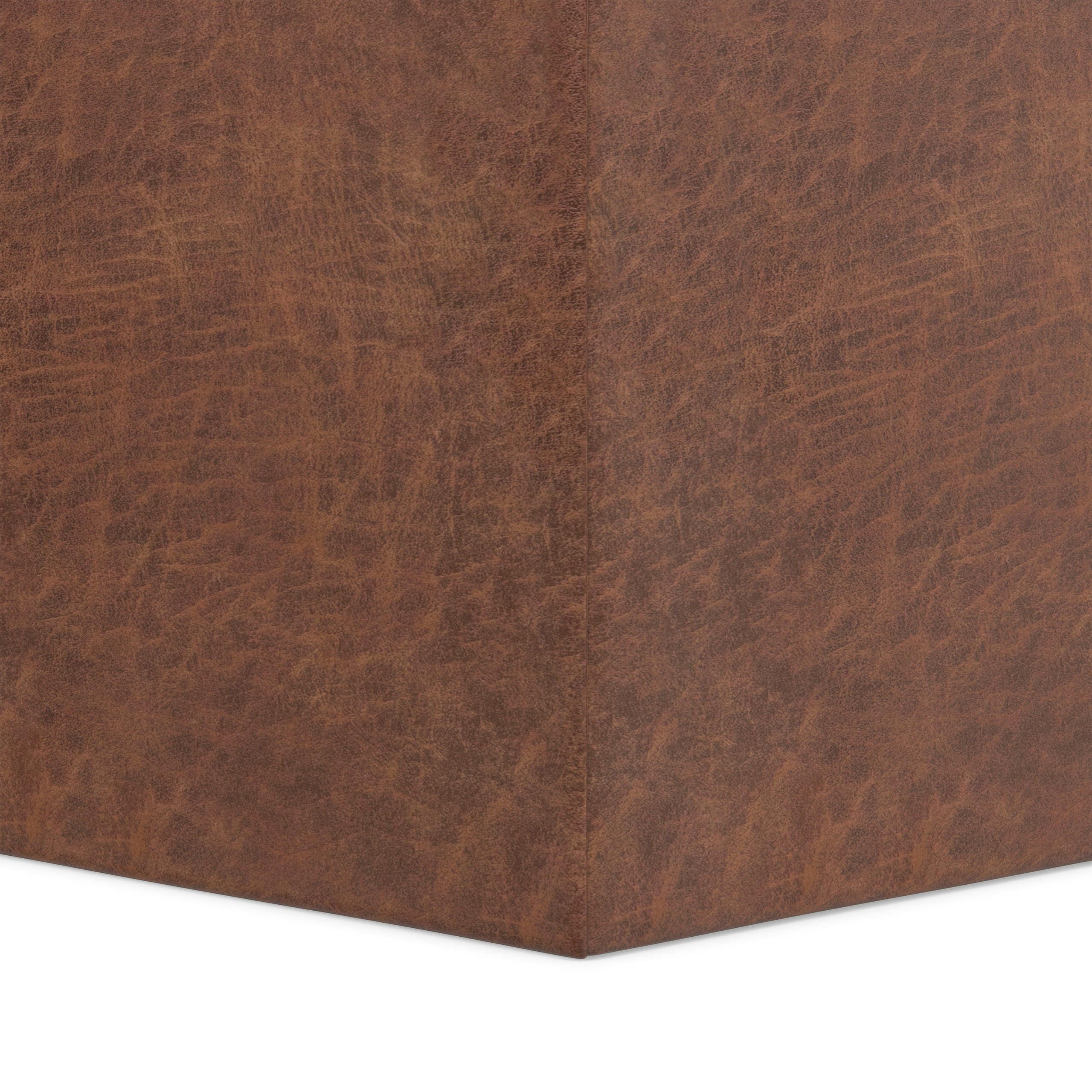 Distressed Saddle Brown Distressed Vegan Leather | Rockwood Vegan Leather Cube Storage Ottoman with Tray