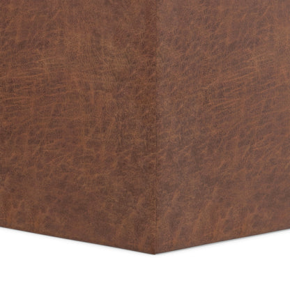 Distressed Saddle Brown Distressed Vegan Leather | Rockwood Vegan Leather Cube Storage Ottoman with Tray