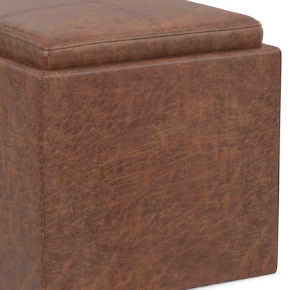 Distressed Saddle Brown Distressed Vegan Leather | Rockwood Vegan Leather Cube Storage Ottoman with Tray