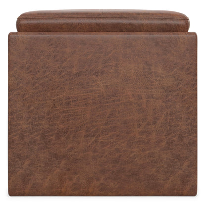 Distressed Saddle Brown Distressed Vegan Leather | Rockwood Vegan Leather Cube Storage Ottoman with Tray