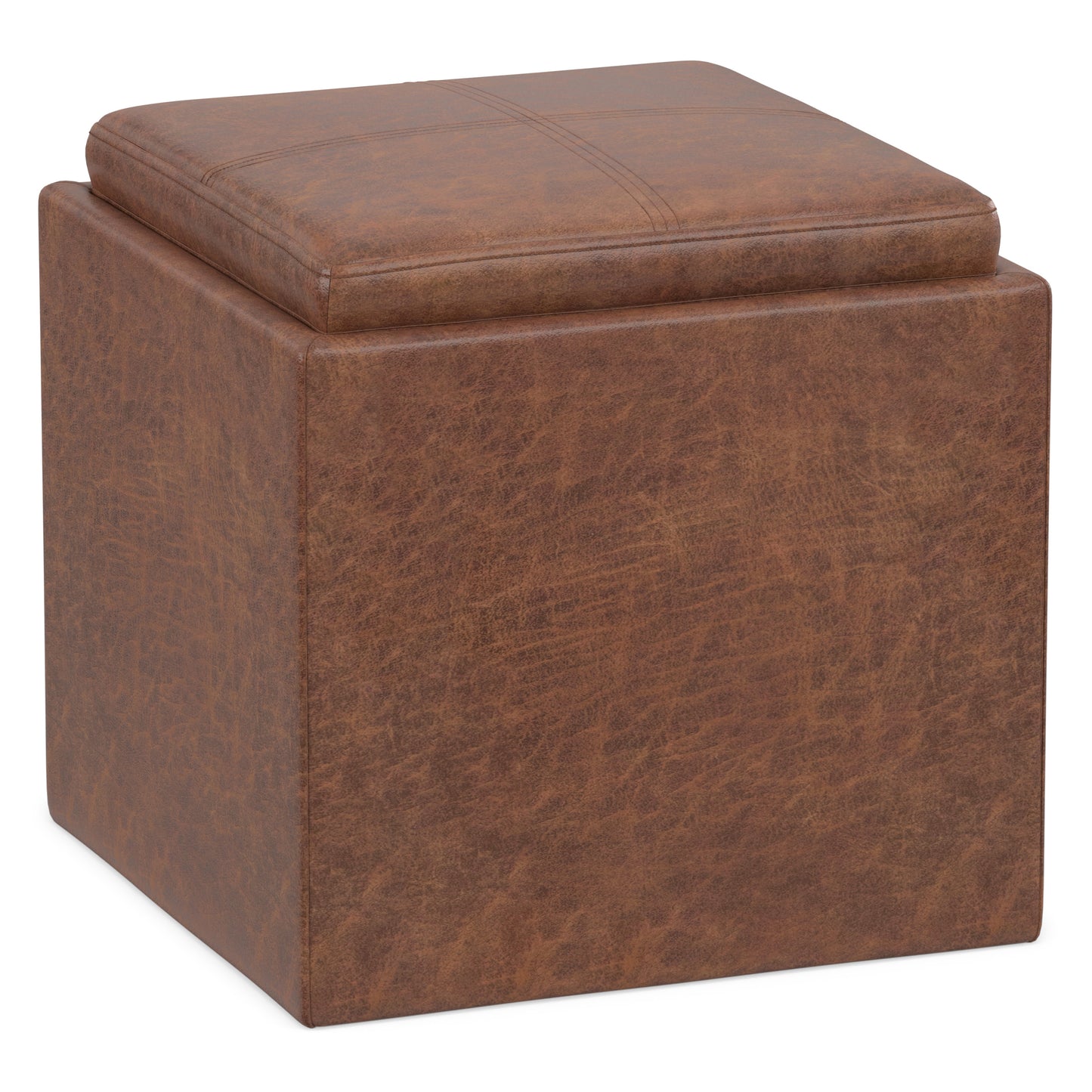 Distressed Saddle Brown Distressed Vegan Leather | Rockwood Vegan Leather Cube Storage Ottoman with Tray