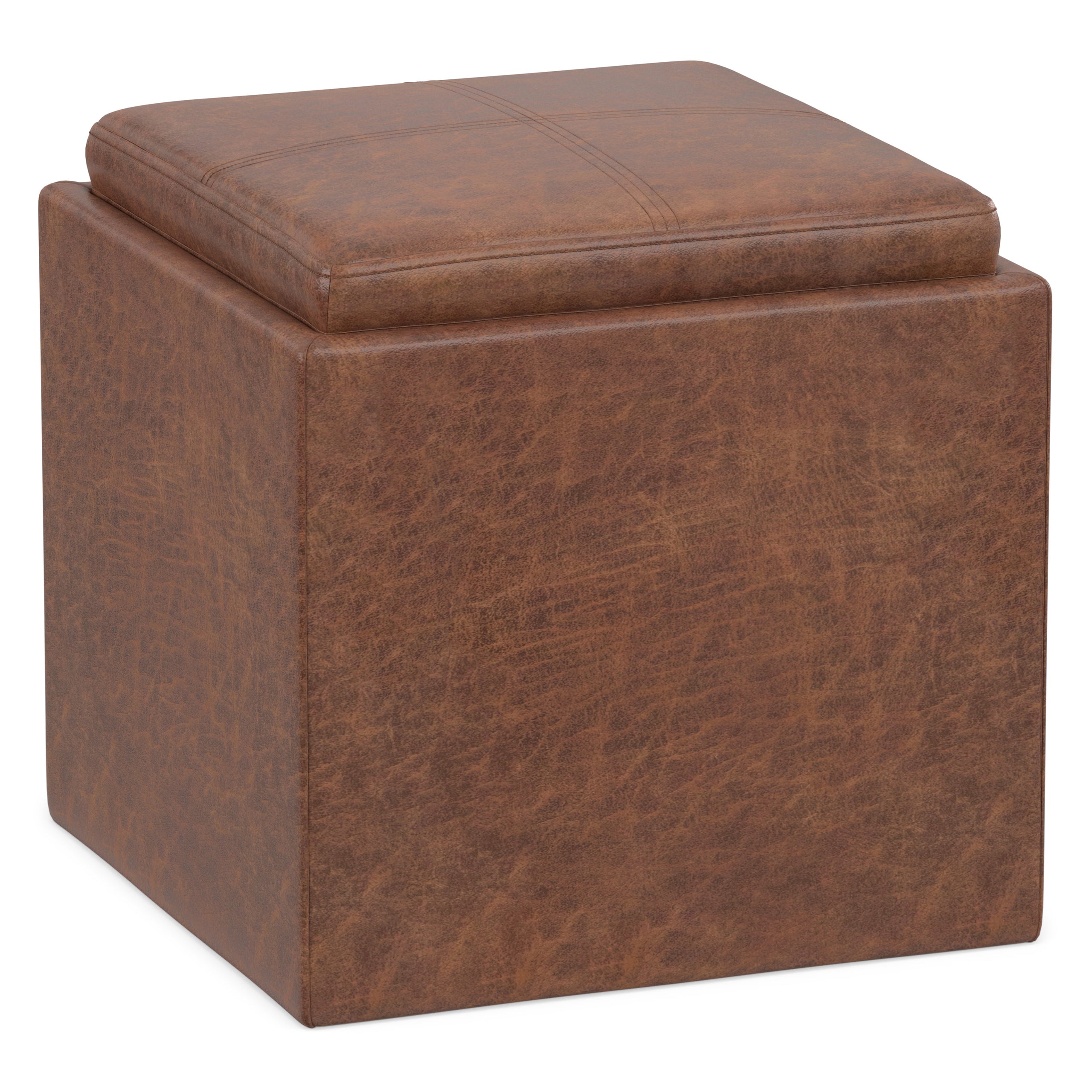 Distressed Saddle Brown Distressed Vegan Leather | Rockwood Vegan Leather Cube Storage Ottoman with Tray