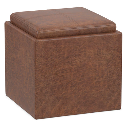 Distressed Saddle Brown Distressed Vegan Leather | Rockwood Vegan Leather Cube Storage Ottoman with Tray