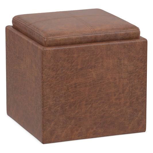 Distressed Saddle Brown Distressed Vegan Leather | Rockwood Vegan Leather Cube Storage Ottoman with Tray