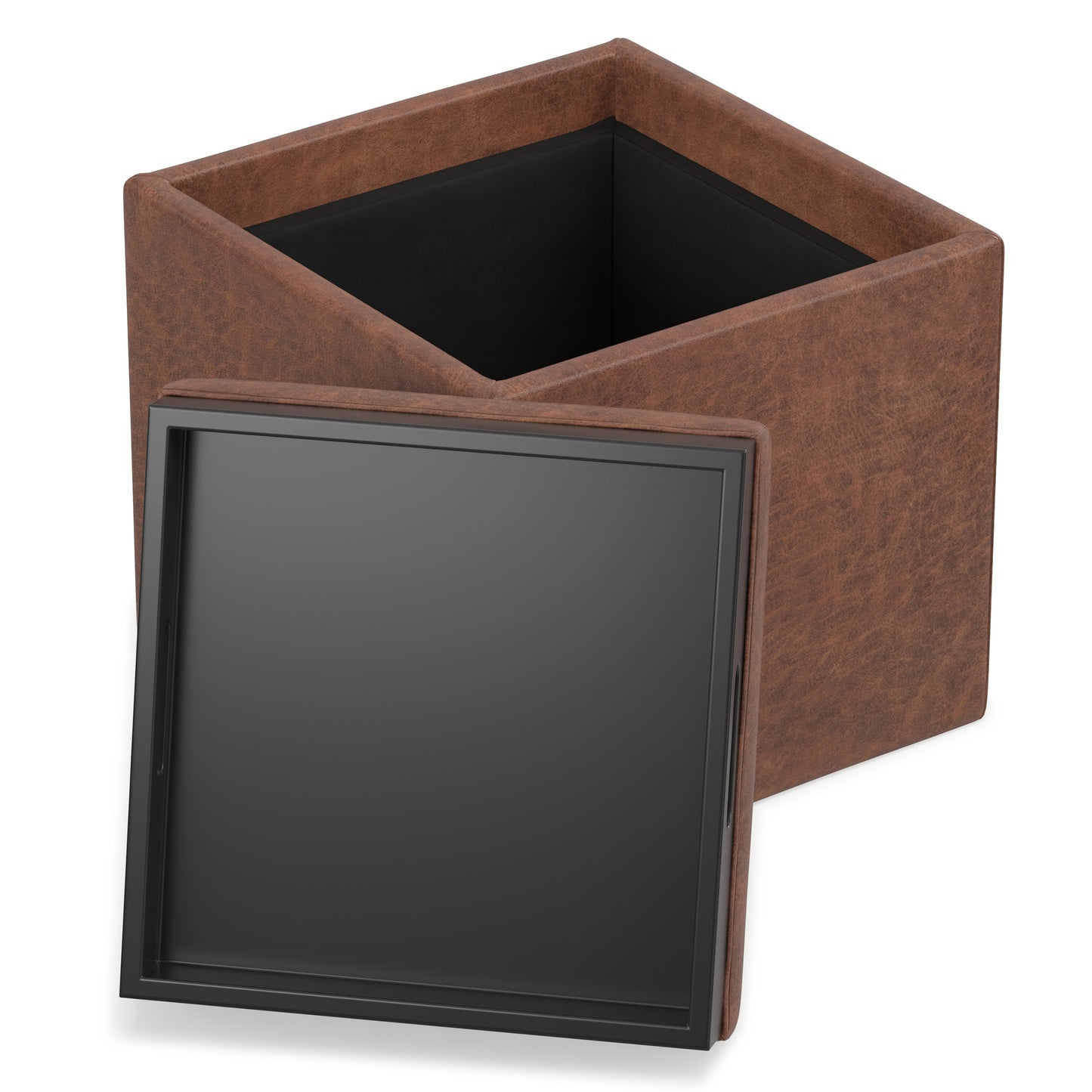Distressed Saddle Brown Distressed Vegan Leather | Rockwood Vegan Leather Cube Storage Ottoman with Tray