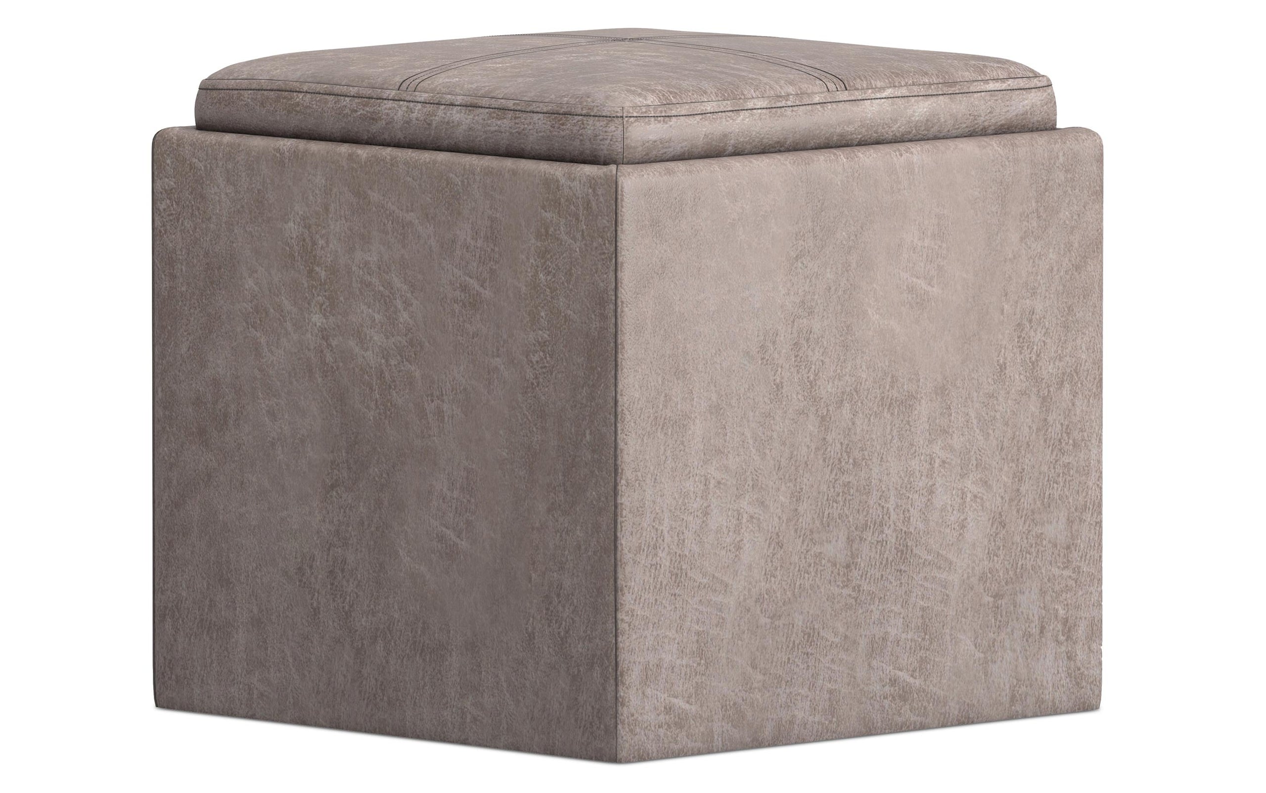Distressed Grey Taupe Distressed Vegan Leather | Rockwood Vegan Leather Cube Storage Ottoman with Tray