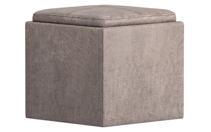 Distressed Grey Taupe Distressed Vegan Leather | Rockwood Vegan Leather Cube Storage Ottoman with Tray